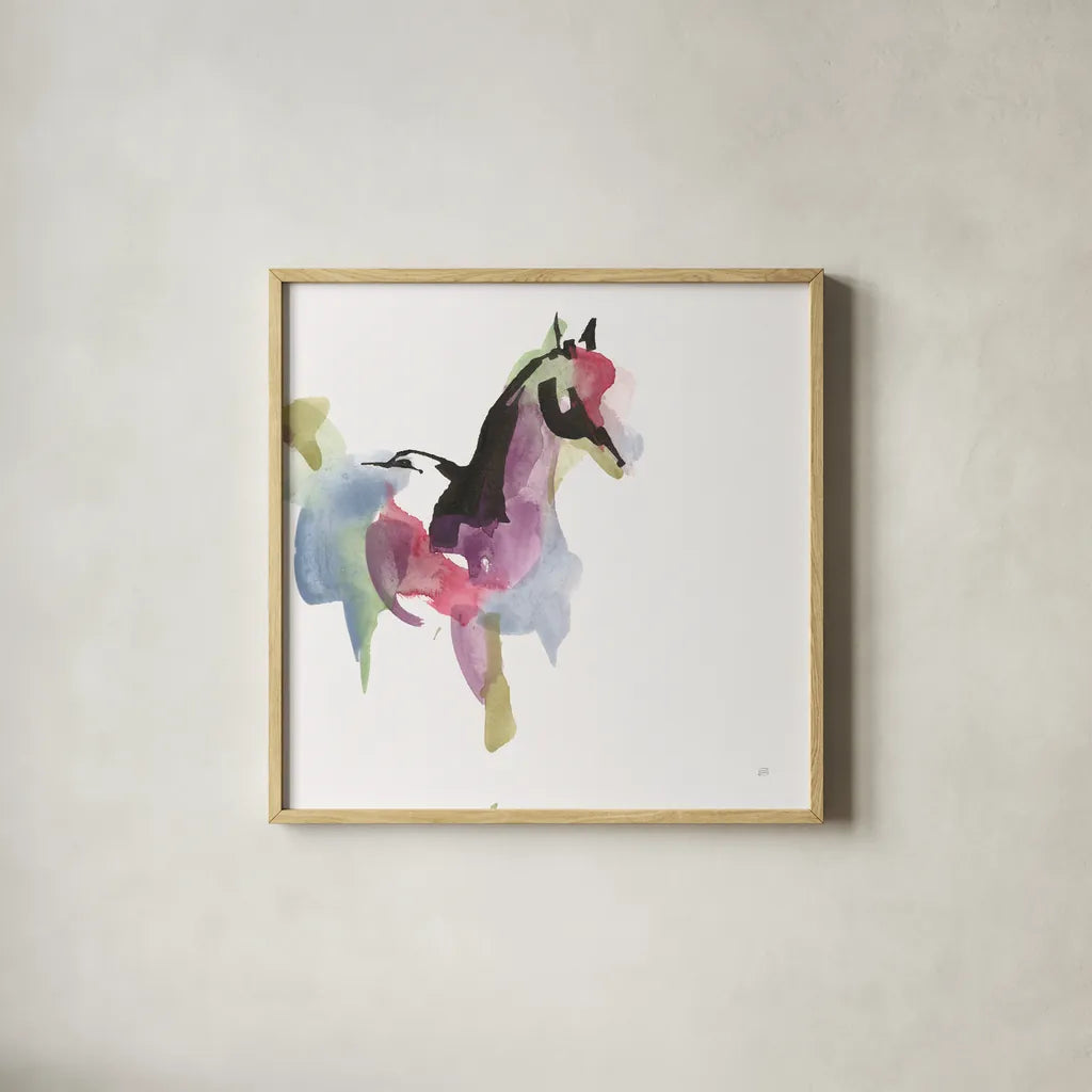 Party Horse I by Chris Paschke. Shown in a natural wood glass frame for a timeless modern aesthetic. Available as an archival giclee rolled canvas, fine art paper, or poster print. SKU 98233a.