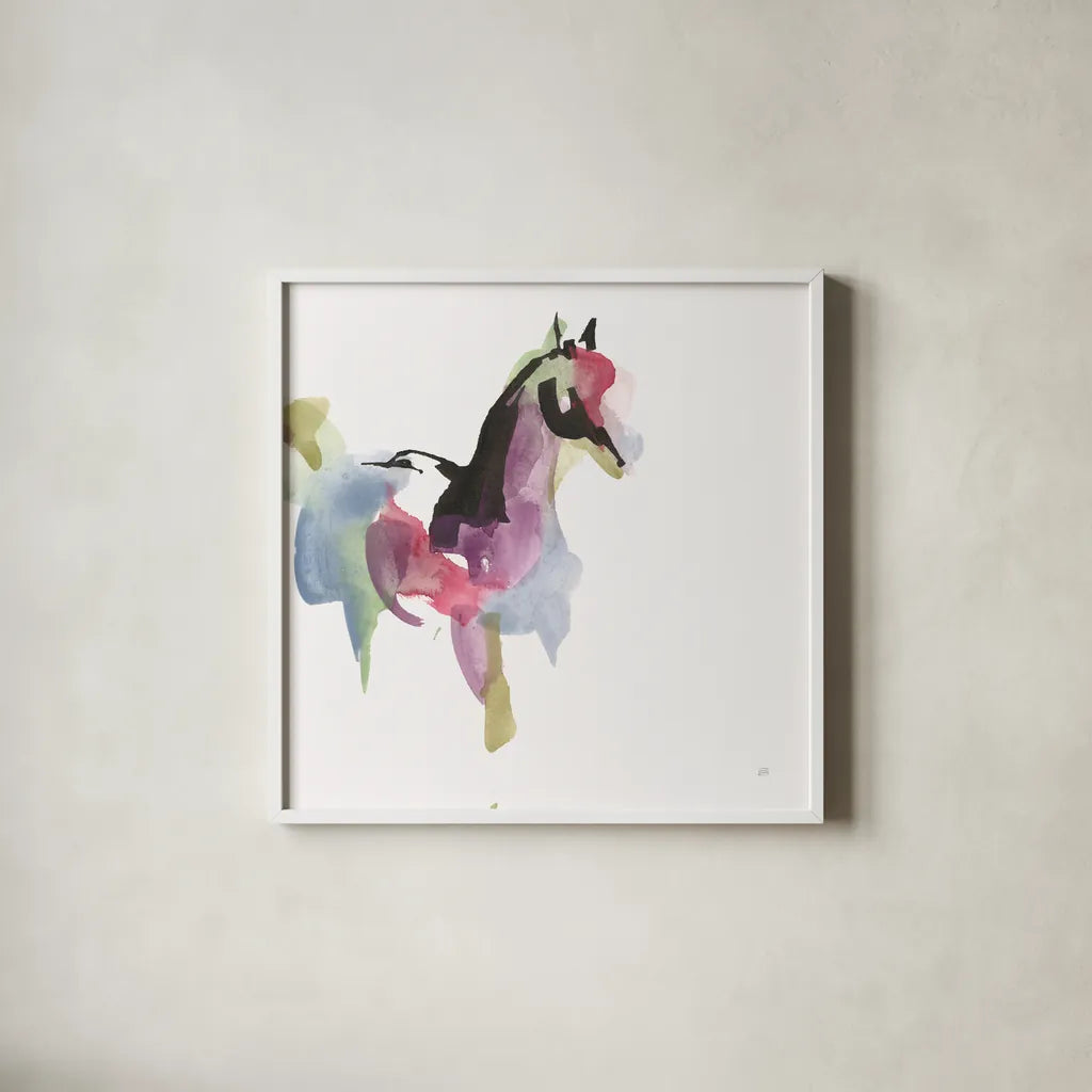 Party Horse I by Chris Paschke. Shown in a crisp white glass frame for a clean and minimalist style. Available as an archival giclee rolled canvas, fine art paper, or poster print. SKU 98233a.