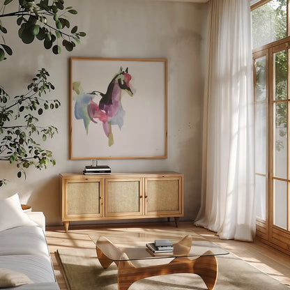 Party Horse I by Chris Paschke. Shown in a natural wood frame in a cozy modern living room. Available as an archival giclee rolled canvas, fine art paper, or poster print. SKU 98233a.