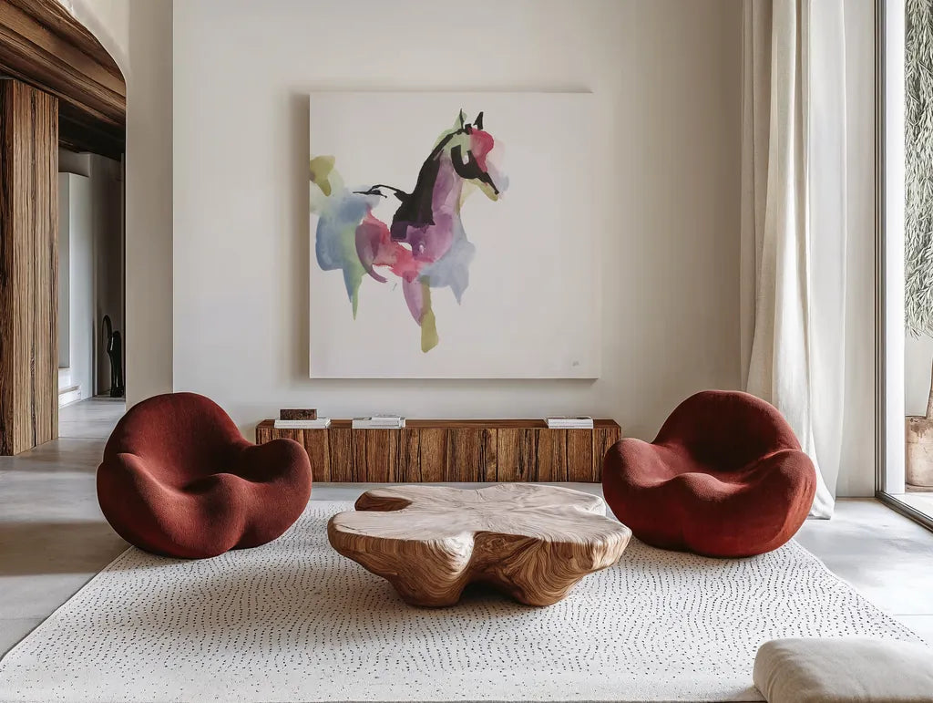 Party Horse I by Chris Paschke. Shown as extra-large giant wall art in a modern living room. Available as an archival giclee rolled canvas, fine art paper, or poster print. SKU 98233a.