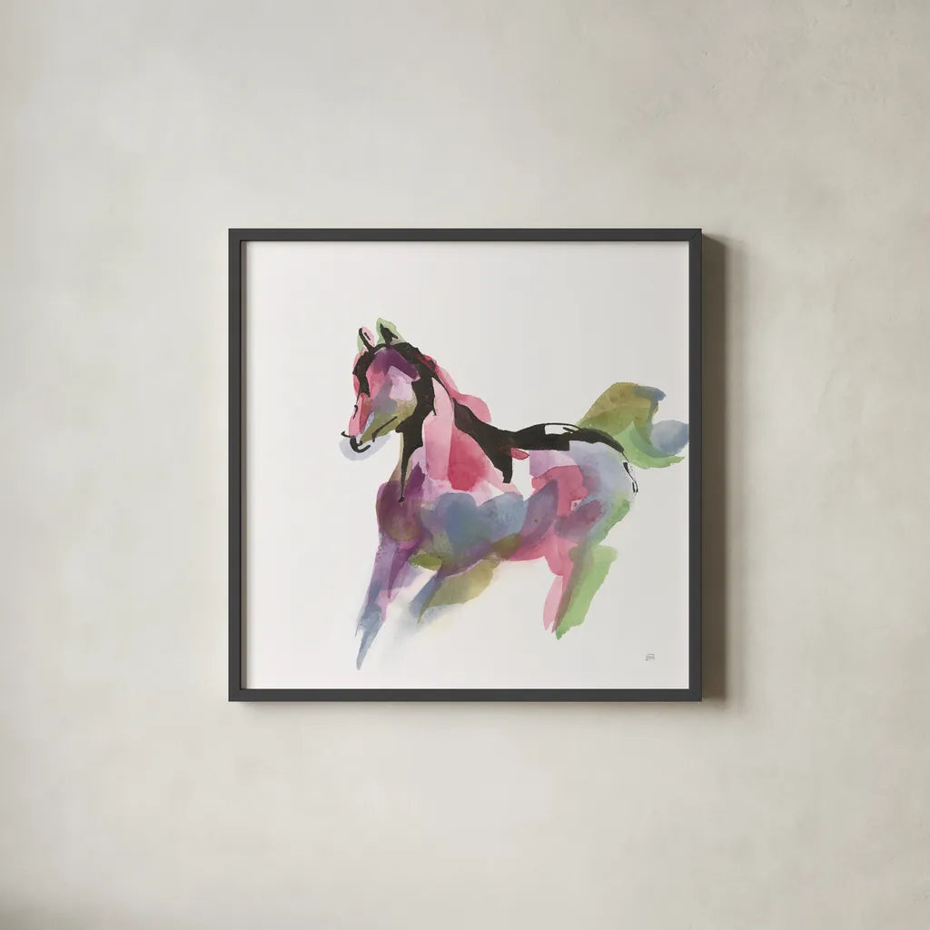 Party Horse II by Chris Paschke. Shown in a sleek black glass frame for a contemporary gallery look. Available as an archival giclee rolled canvas, fine art paper, or poster print. SKU 98234a.