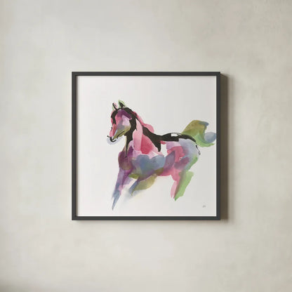 Party Horse II by Chris Paschke. Shown in a sleek black glass frame for a contemporary gallery look. Available as an archival giclee rolled canvas, fine art paper, or poster print. SKU 98234a.