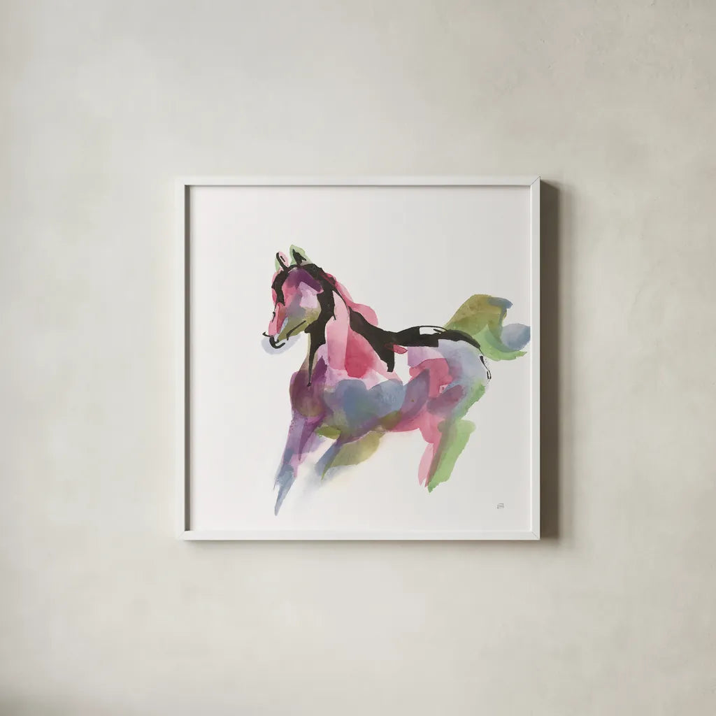 Party Horse II by Chris Paschke. Shown in a crisp white glass frame for a clean and minimalist style. Available as an archival giclee rolled canvas, fine art paper, or poster print. SKU 98234a.