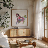 Party Horse II by Chris Paschke. Shown in a natural wood frame in a cozy modern living room. Available as an archival giclee rolled canvas, fine art paper, or poster print. SKU 98234a.