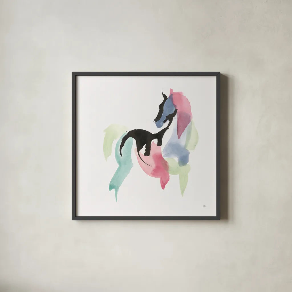Party Horse III by Chris Paschke. Shown in a sleek black glass frame for a contemporary gallery look. Available as an archival giclee rolled canvas, fine art paper, or poster print. SKU 98235a.