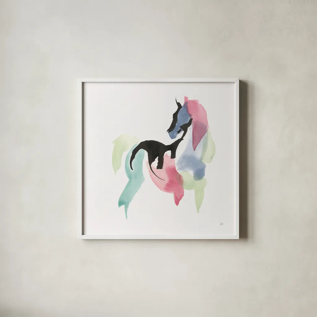 Party Horse III by Chris Paschke. Shown in a crisp white glass frame for a clean and minimalist style. Available as an archival giclee rolled canvas, fine art paper, or poster print. SKU 98235a.