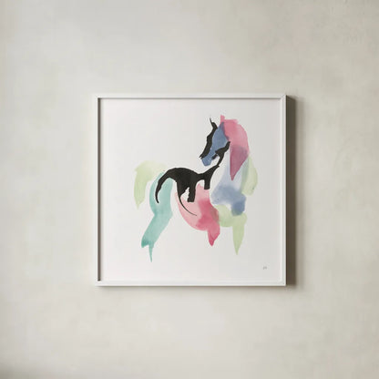 Party Horse III by Chris Paschke. Shown in a crisp white glass frame for a clean and minimalist style. Available as an archival giclee rolled canvas, fine art paper, or poster print. SKU 98235a.