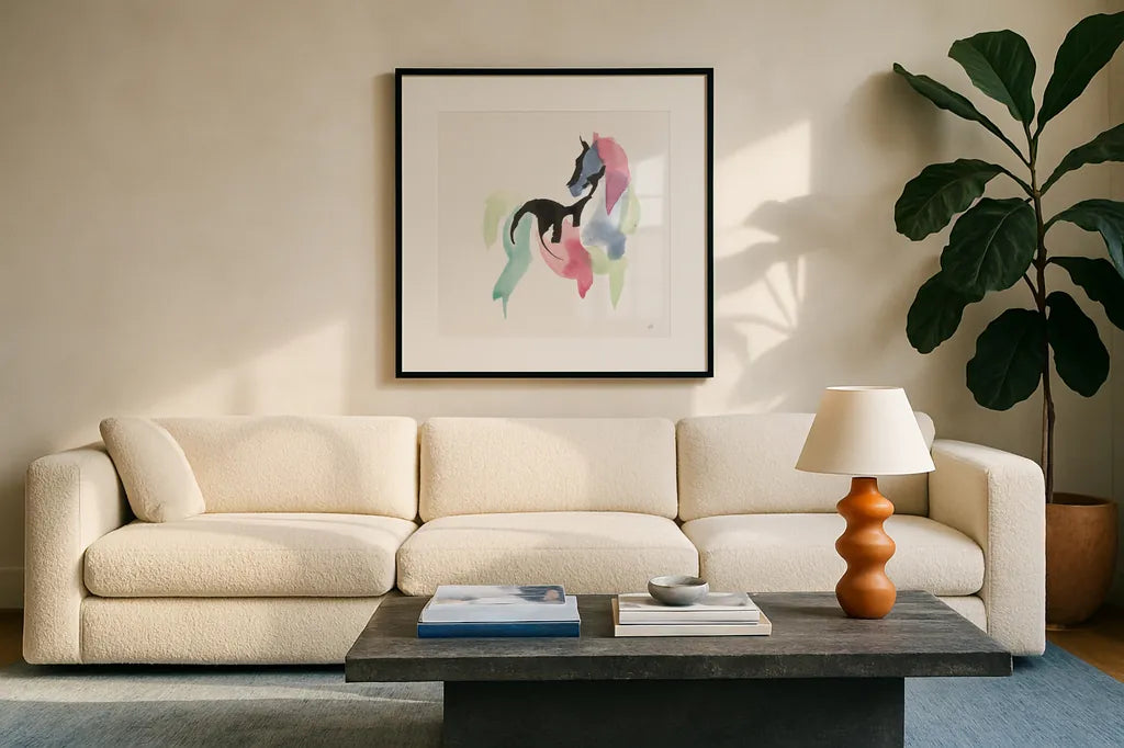 Party Horse III by Chris Paschke. Displayed in a glass frame with matte in a clean modern living room. Available as an archival giclee rolled canvas, fine art paper, or poster print. SKU 98235a.