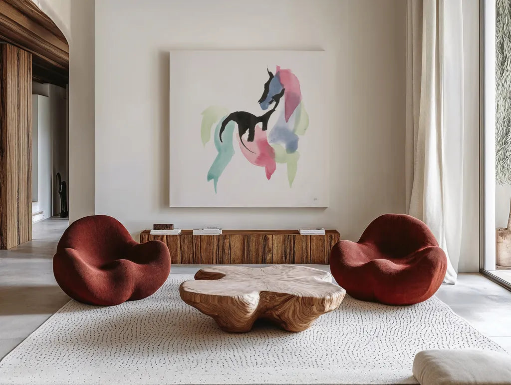 Party Horse III by Chris Paschke. Shown as extra-large giant wall art in a modern living room. Available as an archival giclee rolled canvas, fine art paper, or poster print. SKU 98235a.