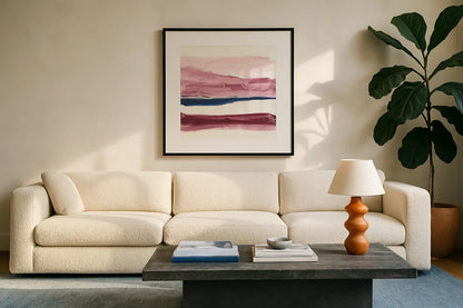 Patch of Indigo I by Chris Paschke. Displayed in a glass frame with matte in a clean modern living room. Available as an archival giclee rolled canvas, fine art paper, or poster print. SKU 31478a.