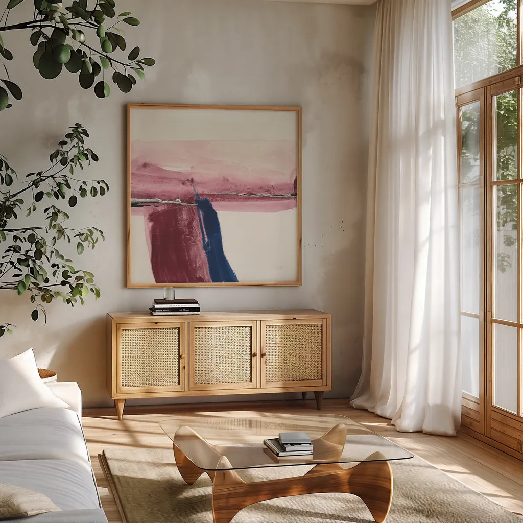 Patch of Indigo II by Chris Paschke. Shown in a natural wood frame in a cozy modern living room. Available as an archival giclee rolled canvas, fine art paper, or poster print. SKU 31479a.