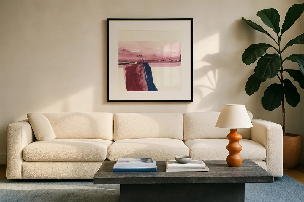 Patch of Indigo II by Chris Paschke. Displayed in a glass frame with matte in a clean modern living room. Available as an archival giclee rolled canvas, fine art paper, or poster print. SKU 31479a.