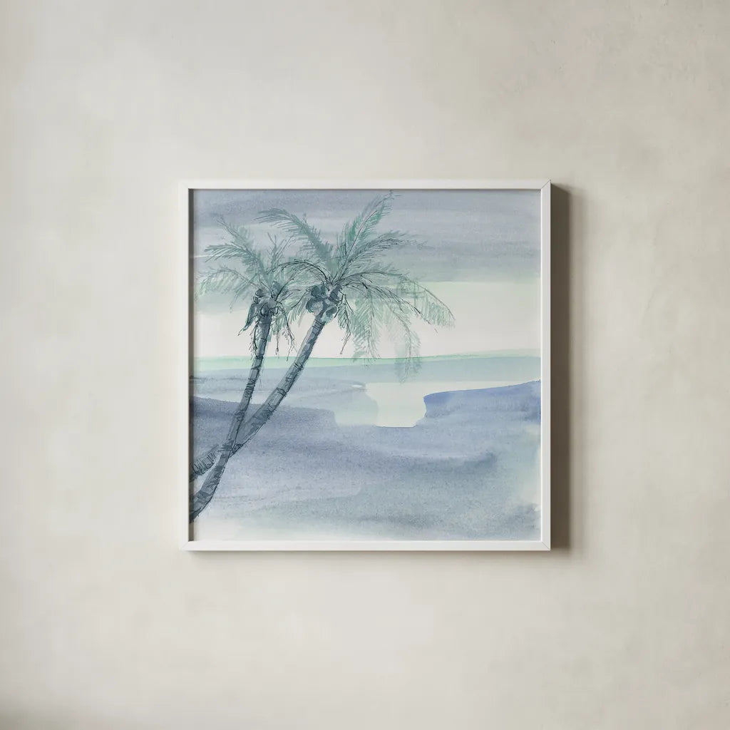 Peaceful Dusk I by Chris Paschke. Shown in a crisp white glass frame for a clean and minimalist style. Available as an archival giclee rolled canvas, fine art paper, or poster print. SKU 23895a.