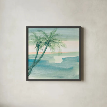 Peaceful Dusk I Tropical by Chris Paschke. Shown in a sleek black glass frame for a contemporary gallery look. Available as an archival giclee rolled canvas, fine art paper, or poster print. SKU 27019a.