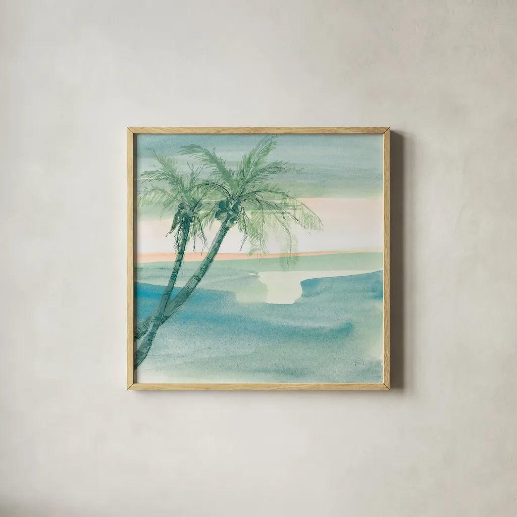 Peaceful Dusk I Tropical by Chris Paschke. Shown in a natural wood glass frame for a timeless modern aesthetic. Available as an archival giclee rolled canvas, fine art paper, or poster print. SKU 27019a.