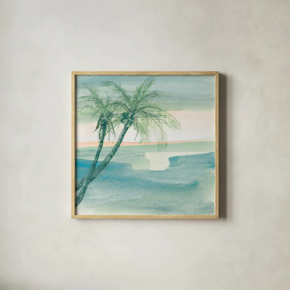 Peaceful Dusk I Tropical by Chris Paschke. Shown in a natural wood glass frame for a timeless modern aesthetic. Available as an archival giclee rolled canvas, fine art paper, or poster print. SKU 27019a.
