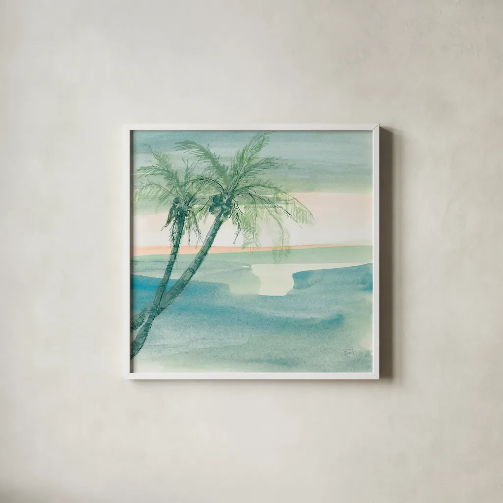 Peaceful Dusk I Tropical by Chris Paschke. Shown in a crisp white glass frame for a clean and minimalist style. Available as an archival giclee rolled canvas, fine art paper, or poster print. SKU 27019a.