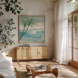 Peaceful Dusk I Tropical by Chris Paschke. Shown in a natural wood frame in a cozy modern living room. Available as an archival giclee rolled canvas, fine art paper, or poster print. SKU 27019a.