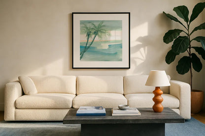 Peaceful Dusk I Tropical by Chris Paschke. Displayed in a glass frame with matte in a clean modern living room. Available as an archival giclee rolled canvas, fine art paper, or poster print. SKU 27019a.