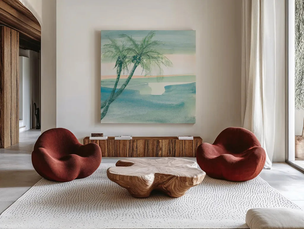 Peaceful Dusk I Tropical by Chris Paschke. Shown as extra-large giant wall art in a modern living room. Available as an archival giclee rolled canvas, fine art paper, or poster print. SKU 27019a.