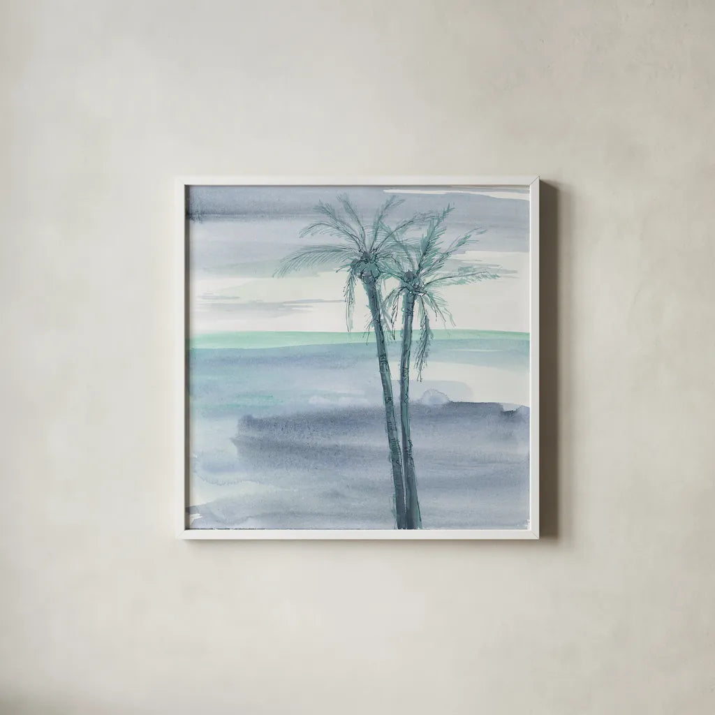 Peaceful Dusk II by Chris Paschke. Shown in a crisp white glass frame for a clean and minimalist style. Available as an archival giclee rolled canvas, fine art paper, or poster print. SKU 23896a.