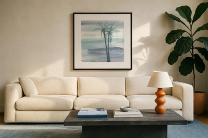 Peaceful Dusk II by Chris Paschke. Displayed in a glass frame with matte in a clean modern living room. Available as an archival giclee rolled canvas, fine art paper, or poster print. SKU 23896a.