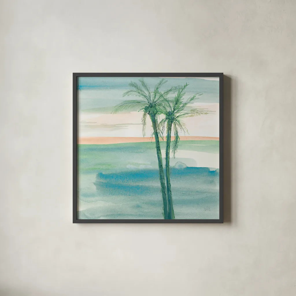Peaceful Dusk II Tropical by Chris Paschke. Shown in a sleek black glass frame for a contemporary gallery look. Available as an archival giclee rolled canvas, fine art paper, or poster print. SKU 27020a.