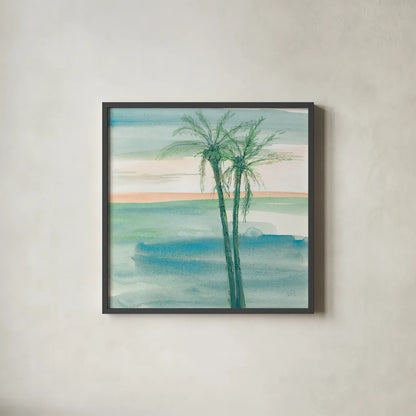 Peaceful Dusk II Tropical by Chris Paschke. Shown in a sleek black glass frame for a contemporary gallery look. Available as an archival giclee rolled canvas, fine art paper, or poster print. SKU 27020a.