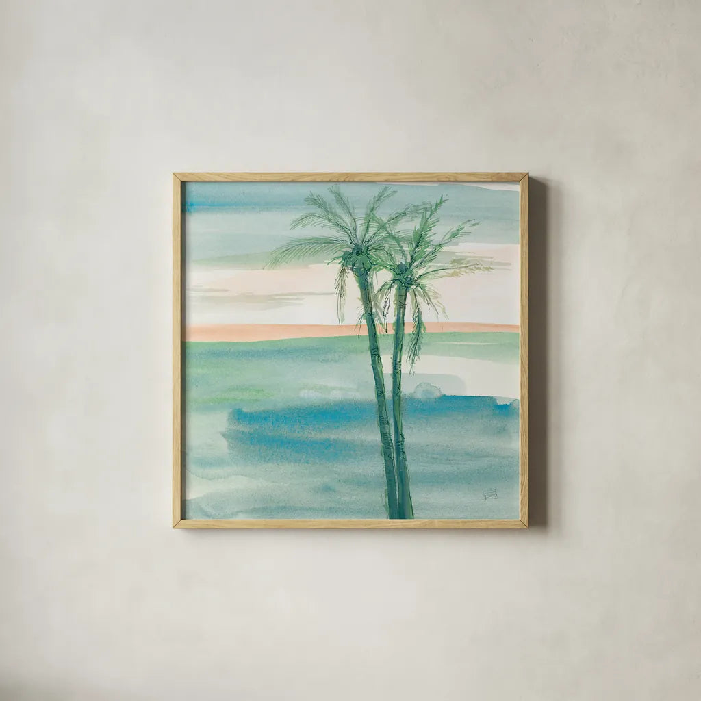 Peaceful Dusk II Tropical by Chris Paschke. Shown in a natural wood glass frame for a timeless modern aesthetic. Available as an archival giclee rolled canvas, fine art paper, or poster print. SKU 27020a.