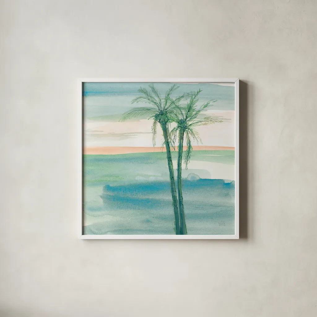 Peaceful Dusk II Tropical by Chris Paschke. Shown in a crisp white glass frame for a clean and minimalist style. Available as an archival giclee rolled canvas, fine art paper, or poster print. SKU 27020a.