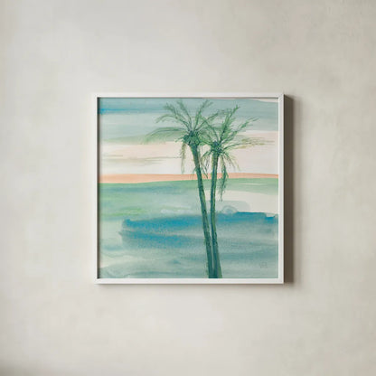 Peaceful Dusk II Tropical by Chris Paschke. Shown in a crisp white glass frame for a clean and minimalist style. Available as an archival giclee rolled canvas, fine art paper, or poster print. SKU 27020a.