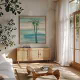 Peaceful Dusk II Tropical by Chris Paschke. Shown in a natural wood frame in a cozy modern living room. Available as an archival giclee rolled canvas, fine art paper, or poster print. SKU 27020a.