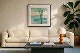 Peaceful Dusk II Tropical by Chris Paschke. Displayed in a glass frame with matte in a clean modern living room. Available as an archival giclee rolled canvas, fine art paper, or poster print. SKU 27020a.