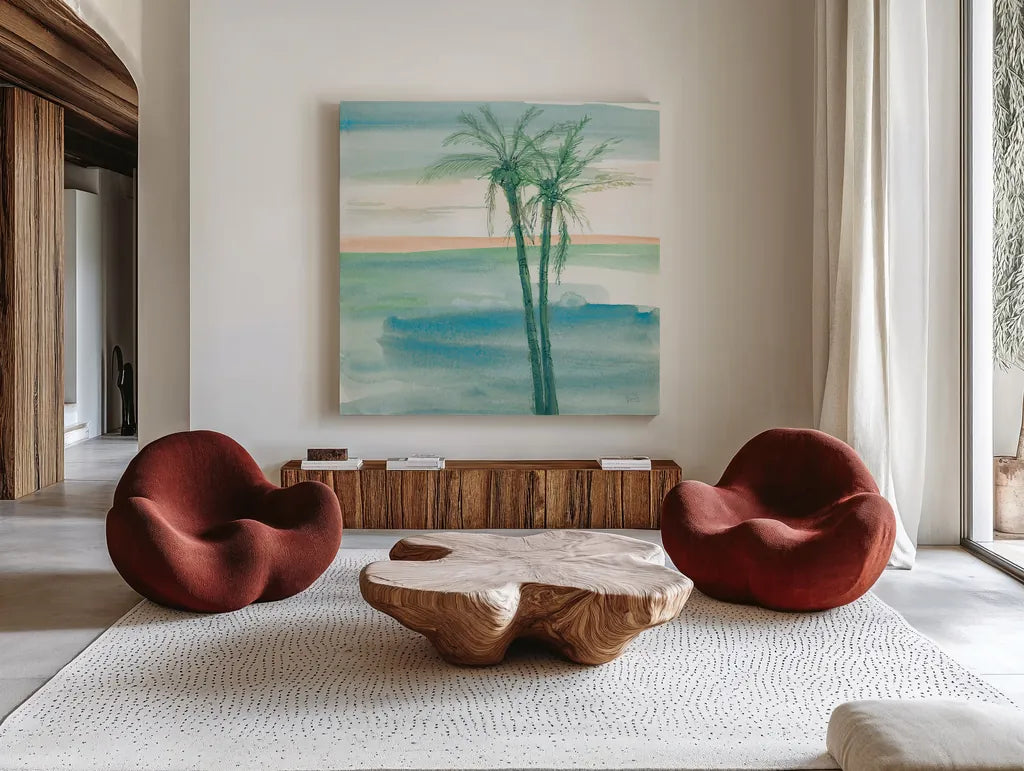Peaceful Dusk II Tropical by Chris Paschke. Shown as extra-large giant wall art in a modern living room. Available as an archival giclee rolled canvas, fine art paper, or poster print. SKU 27020a.