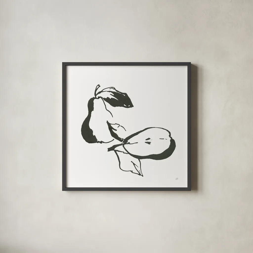 Pears BW by Chris Paschke. Shown in a sleek black glass frame for a contemporary gallery look. Available as an archival giclee rolled canvas, fine art paper, or poster print. SKU 64220a.