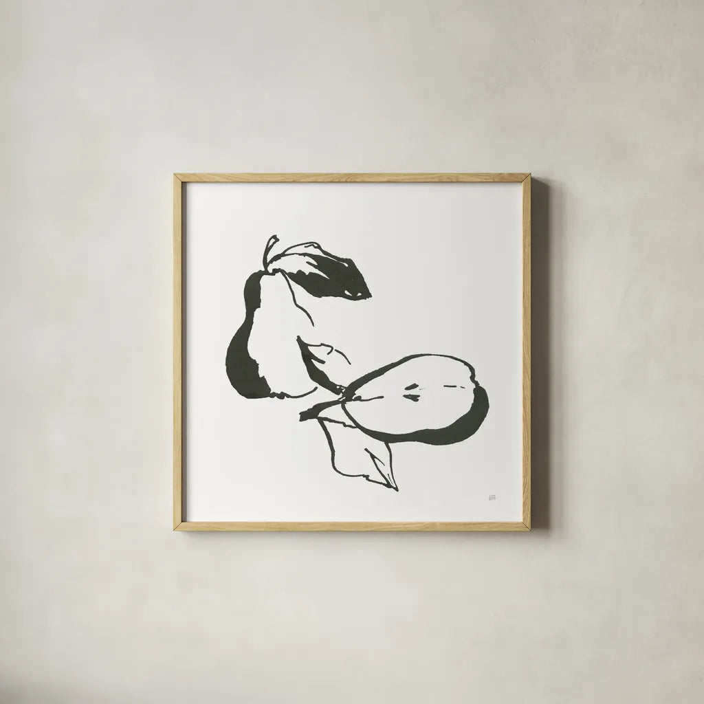 Pears BW by Chris Paschke. Shown in a natural wood glass frame for a timeless modern aesthetic. Available as an archival giclee rolled canvas, fine art paper, or poster print. SKU 64220a.