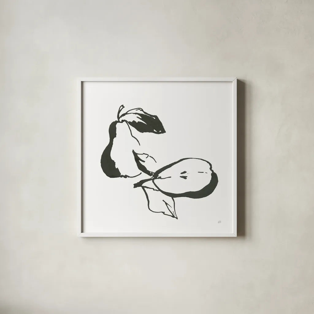 Pears BW by Chris Paschke. Shown in a crisp white glass frame for a clean and minimalist style. Available as an archival giclee rolled canvas, fine art paper, or poster print. SKU 64220a.