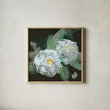 Peonies on Black I by Chris Paschke. Shown in a natural wood glass frame for a timeless modern aesthetic. Available as an archival giclee rolled canvas, fine art paper, or poster print. SKU 80807a.