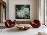 Peonies on Black I by Chris Paschke. Shown as extra-large giant wall art in a modern living room. Available as an archival giclee rolled canvas, fine art paper, or poster print. SKU 80807a.