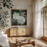 Peonies on Black II by Chris Paschke. Shown in a natural wood frame in a cozy modern living room. Available as an archival giclee rolled canvas, fine art paper, or poster print. SKU 80808a.
