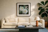 Peonies on Black II by Chris Paschke. Displayed in a glass frame with matte in a clean modern living room. Available as an archival giclee rolled canvas, fine art paper, or poster print. SKU 80808a.