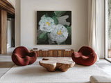 Peonies on Black II by Chris Paschke. Shown as extra-large giant wall art in a modern living room. Available as an archival giclee rolled canvas, fine art paper, or poster print. SKU 80808a.
