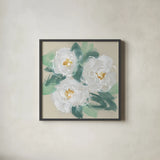 Peonies on Cream I by Chris Paschke. Shown in a sleek black glass frame for a contemporary gallery look. Available as an archival giclee rolled canvas, fine art paper, or poster print. SKU 80828a.