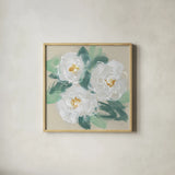Peonies on Cream I by Chris Paschke. Shown in a natural wood glass frame for a timeless modern aesthetic. Available as an archival giclee rolled canvas, fine art paper, or poster print. SKU 80828a.