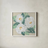 Peonies on Cream I by Chris Paschke. Shown in a crisp white glass frame for a clean and minimalist style. Available as an archival giclee rolled canvas, fine art paper, or poster print. SKU 80828a.