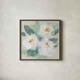 Peonies on Cream II by Chris Paschke. Shown in a sleek black glass frame for a contemporary gallery look. Available as an archival giclee rolled canvas, fine art paper, or poster print. SKU 80829a.