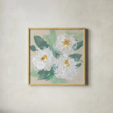 Peonies on Cream II by Chris Paschke. Shown in a natural wood glass frame for a timeless modern aesthetic. Available as an archival giclee rolled canvas, fine art paper, or poster print. SKU 80829a.