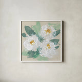 Peonies on Cream II by Chris Paschke. Shown in a crisp white glass frame for a clean and minimalist style. Available as an archival giclee rolled canvas, fine art paper, or poster print. SKU 80829a.