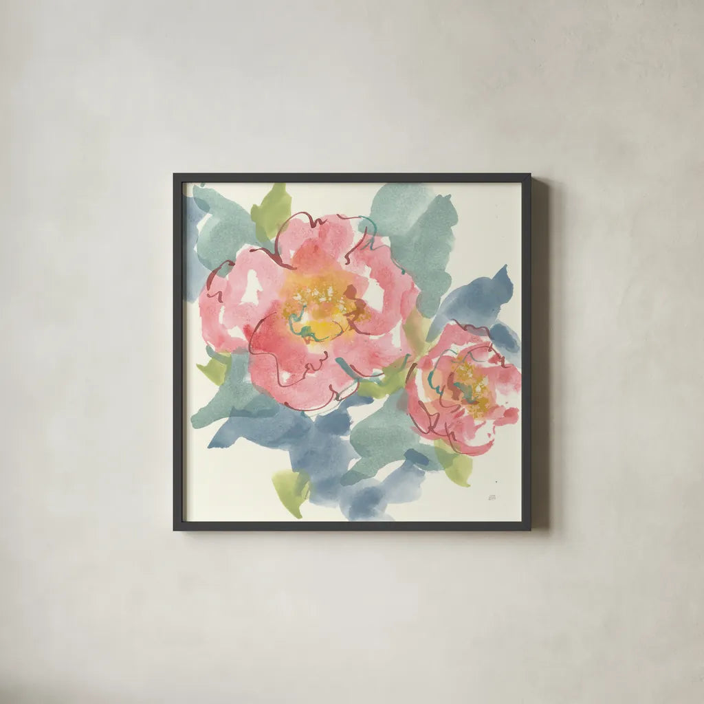 Peony in the Pink I by Chris Paschke. Shown in a sleek black glass frame for a contemporary gallery look. Available as an archival giclee rolled canvas, fine art paper, or poster print. SKU 48038a.