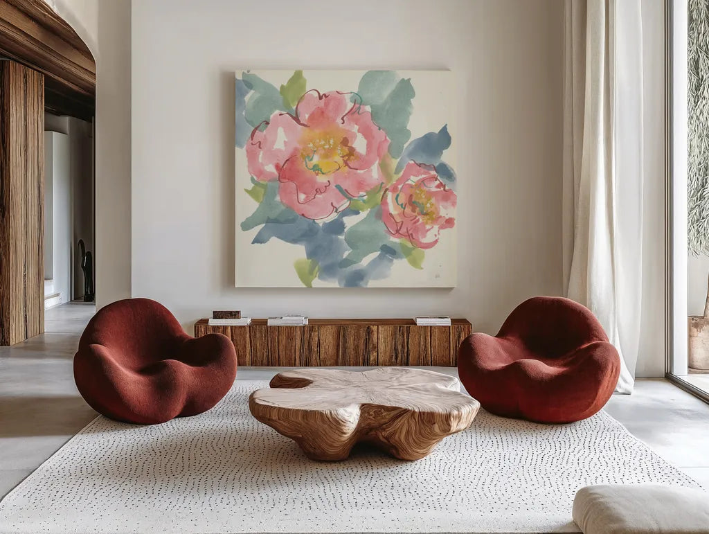 Peony in the Pink I by Chris Paschke. Shown as extra-large giant wall art in a modern living room. Available as an archival giclee rolled canvas, fine art paper, or poster print. SKU 48038a.
